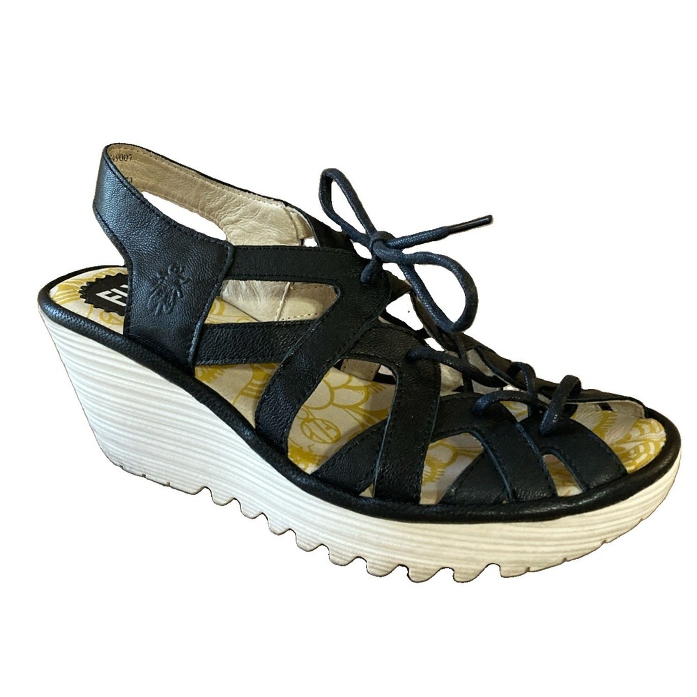 Fly London Yapi Strap Gladiator Wedge Sandals Women's‎ 38 EU 7 US Black Leather